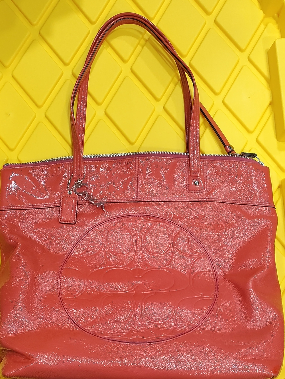 Coach Coral Patent Leather Logo-Embossed Tote